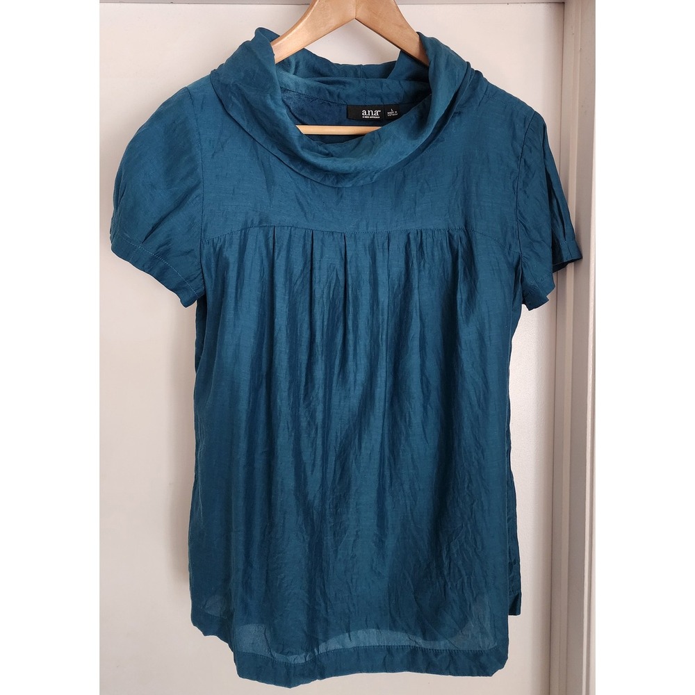 a.n.a Teal Cowl Neck Babydoll Blouse L Peacock Blue‎ Silky Career Top